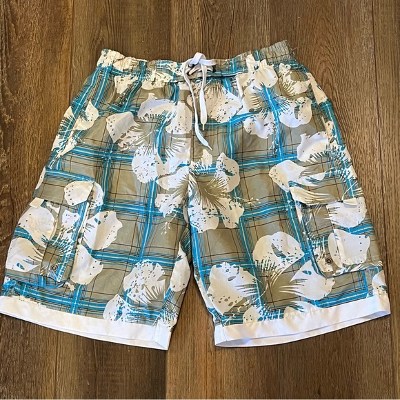 VTG Tropical Hawaiian Swim Trunks Men's M‎ Floral Hibiscus Plaid Mesh Lined Y2K - Picture 1 of 13